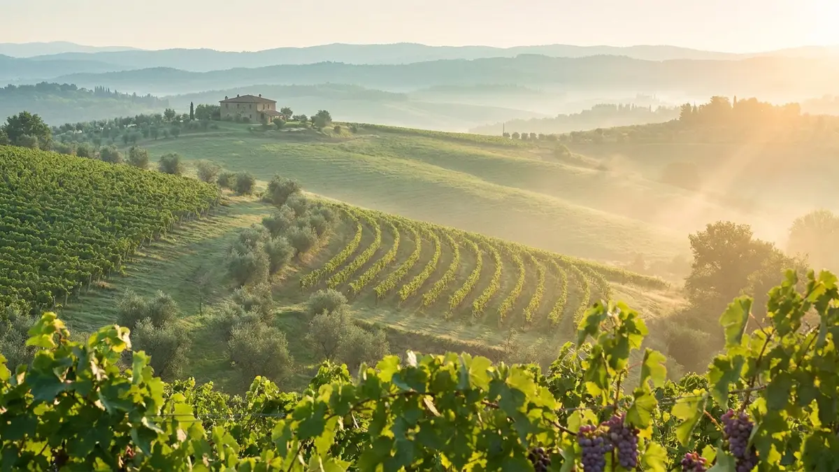 Gentle inland Tuscan hills near Siena with rows of vines, an old stone farmhouse and olive trees under soft morning light
