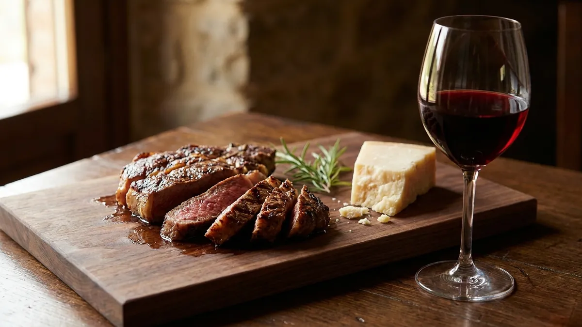 A glass of deep red wine beside a sliced grilled steak and a wedge of aged hard cheese on a dark wooden board