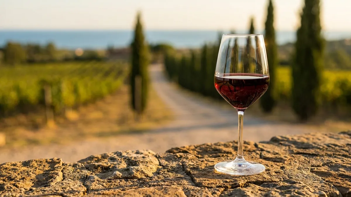 A glass of deep ruby red wine on a stone wall above coastal Tuscan vineyards and cypress trees in warm evening light