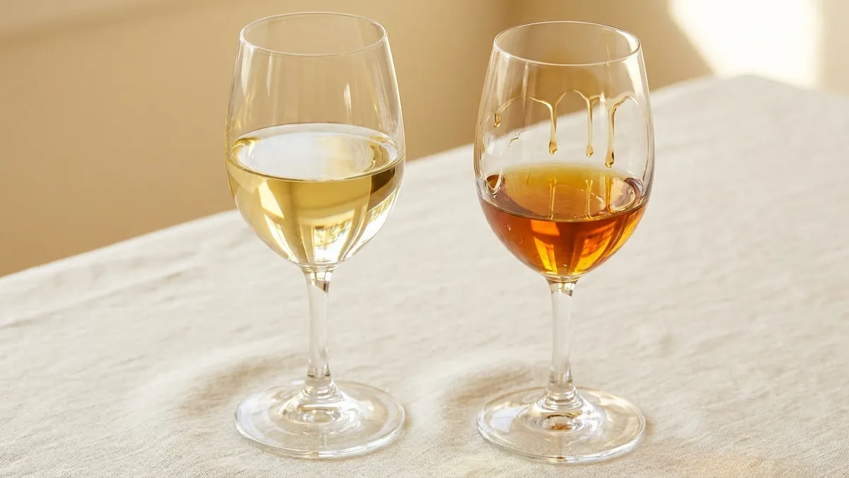 Two wine glasses side by side — one with pale dry white wine, one with golden sweet wine
