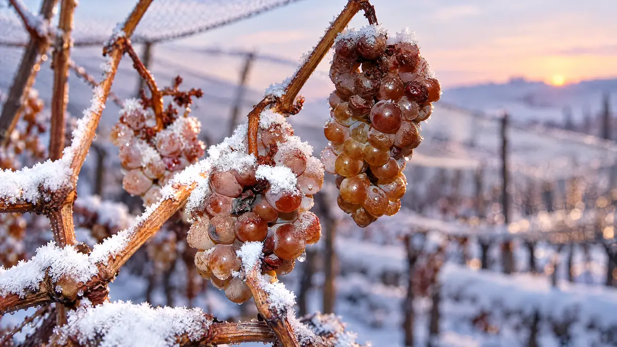 Snow-covered bunches of frozen, slightly shrivelled white wine grapes hanging on bare vine canes at a cold winter dawn