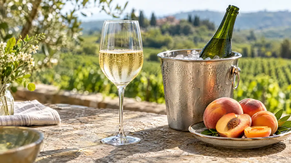 A chilled glass of pale, lightly sparkling Moscato d'Asti on a sunny stone terrace beside an ice bucket and fresh peaches