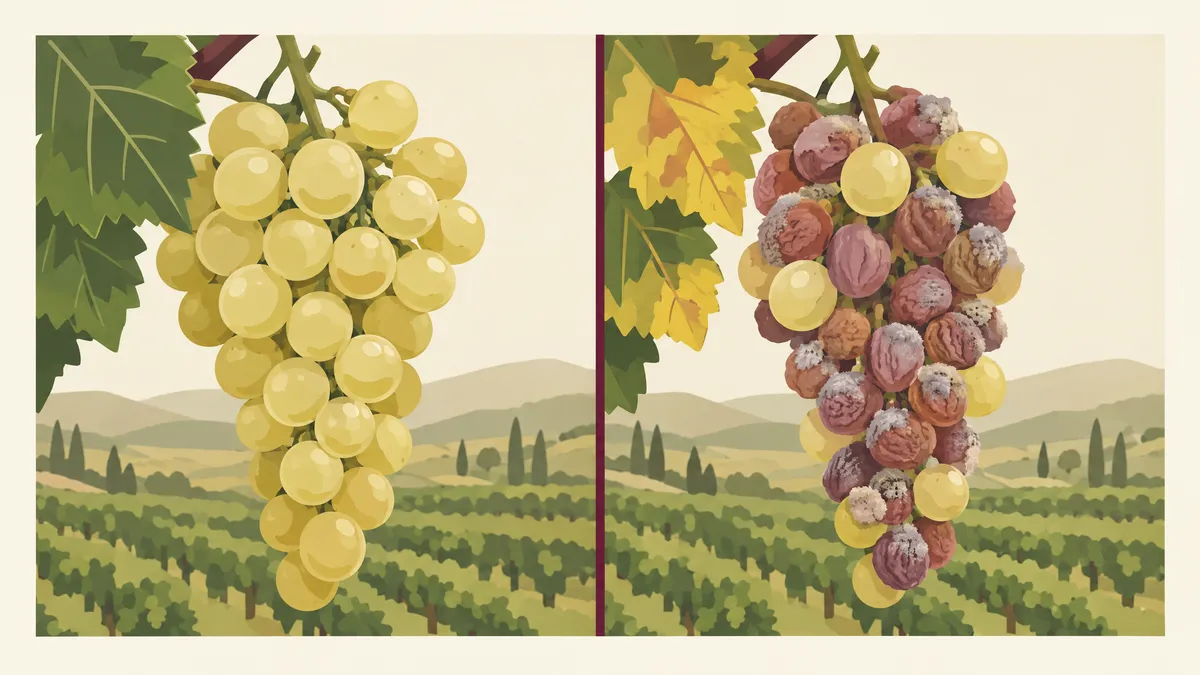 Two bunches of white grapes side by side: plump golden berries on the left, and on the right the same grapes shrivelled and pink-brown under a grey fuzz of noble rot