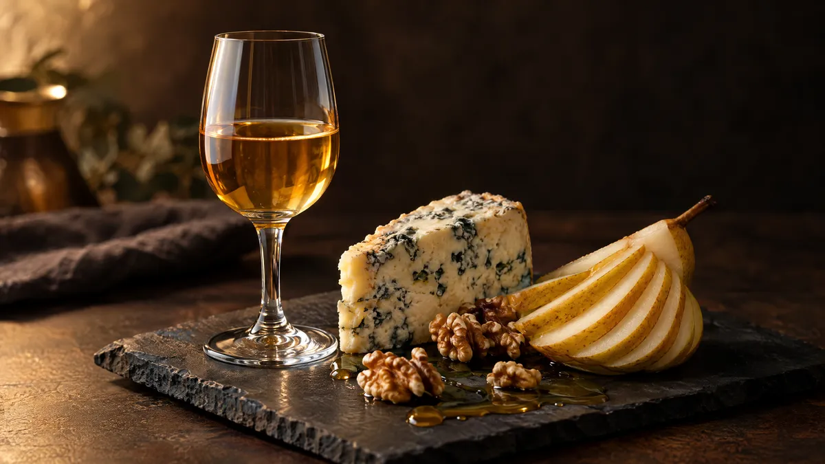 A small glass of deep golden sweet white wine on a slate board beside blue cheese, sliced pear, walnuts and honey