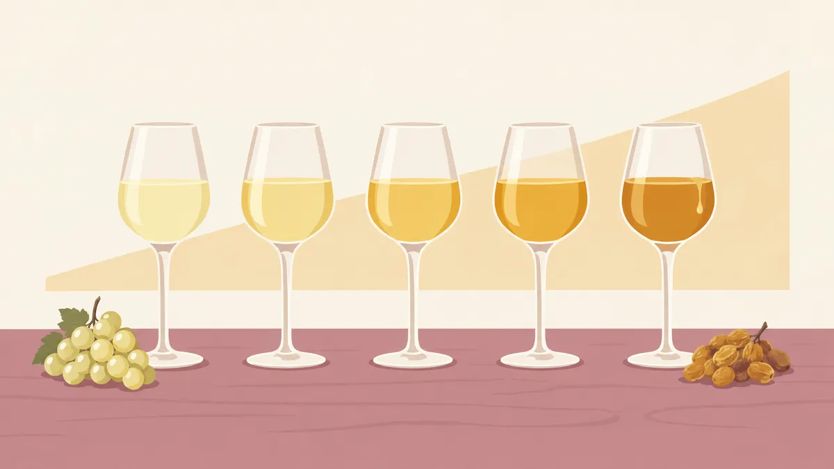 Five white wine glasses in a row, the wine deepening from pale lemon to deep amber gold as the sweetness rises