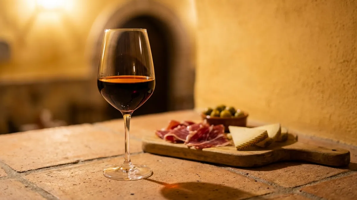 A glass of garnet-red Tempranillo wine on a rustic Spanish table with cured ham and Manchego cheese in soft focus behind