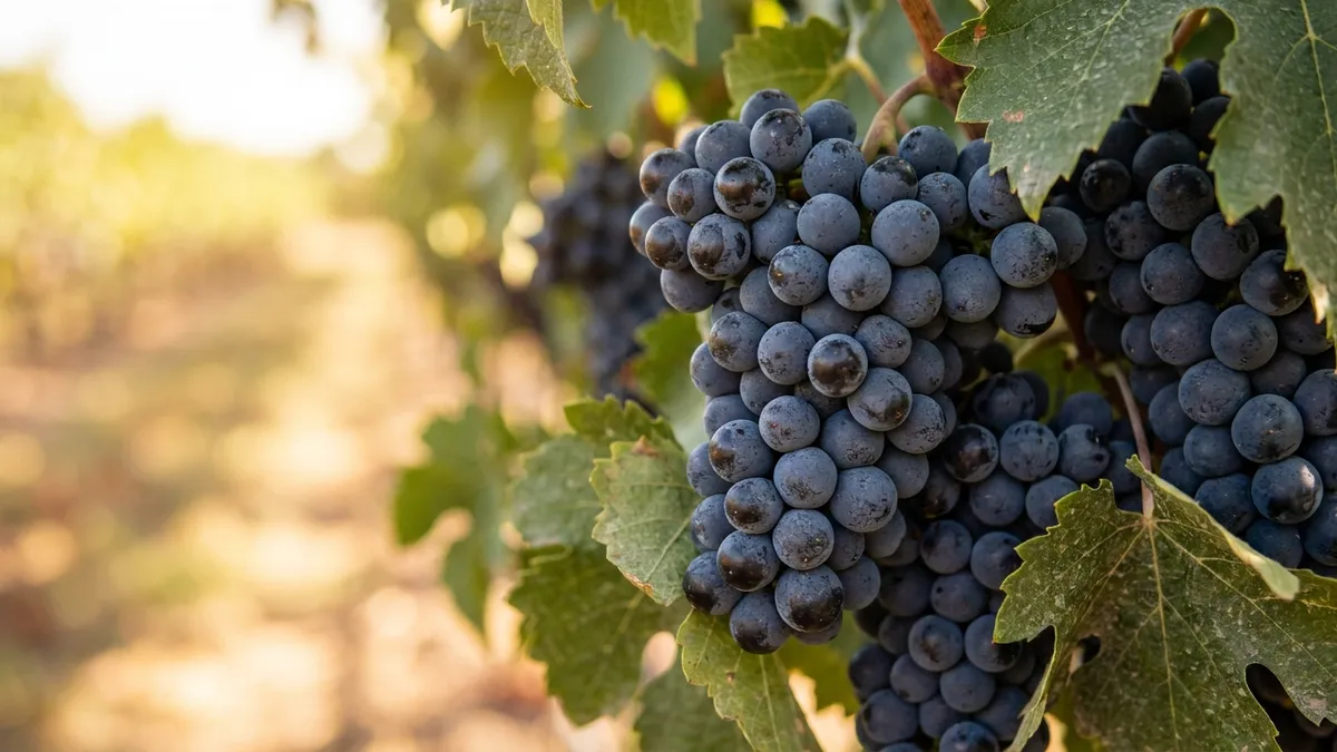 Close-up of dark purple Mourvèdre grape clusters ripening on the vine in bright Texas sun, dusty green leaves and golden light