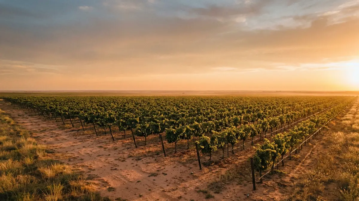 Sun-drenched Texas High Plains vineyard at golden hour, flat rows of vines stretching toward a wide horizon under a vast open sky