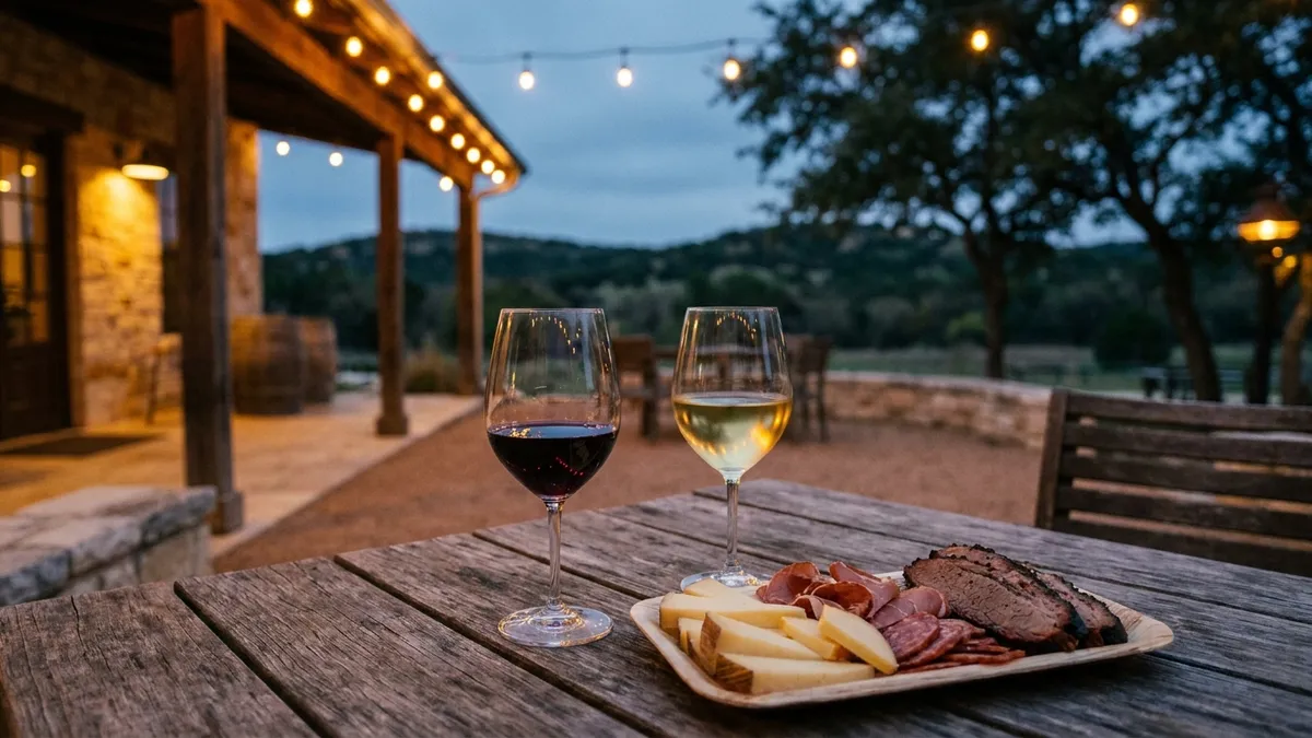 Rustic Texas Hill Country tasting room patio at dusk, glasses of red and white wine on a wooden table beside a platter of cheese and barbecue