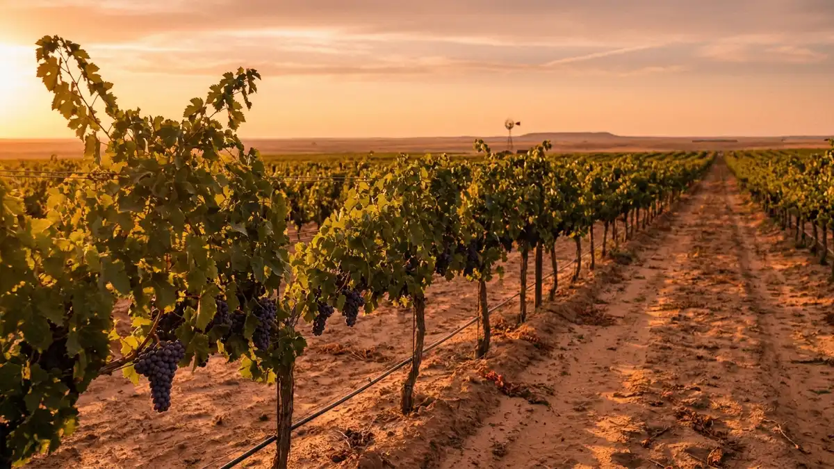 Sun-drenched Texas High Plains vineyard at golden hour, flat rows of vines stretching toward a wide horizon under a vast sky