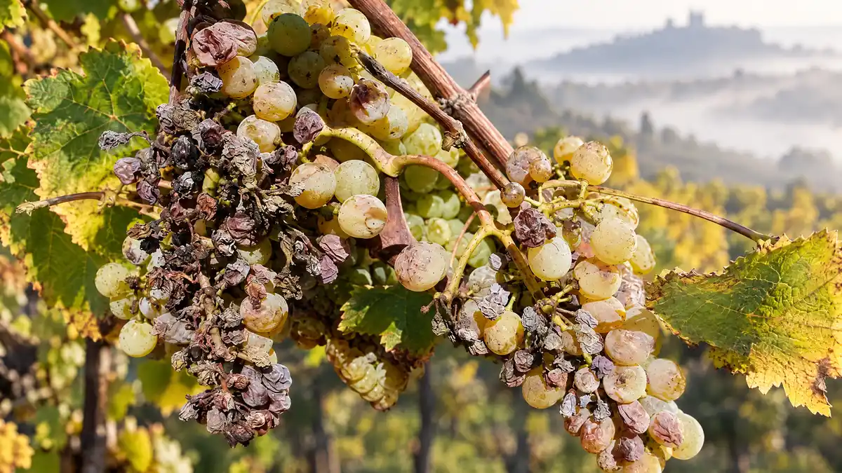 A cluster of white grapes on the vine, many berries shrivelled brown and violet by noble rot beside plump yellow-green ones
