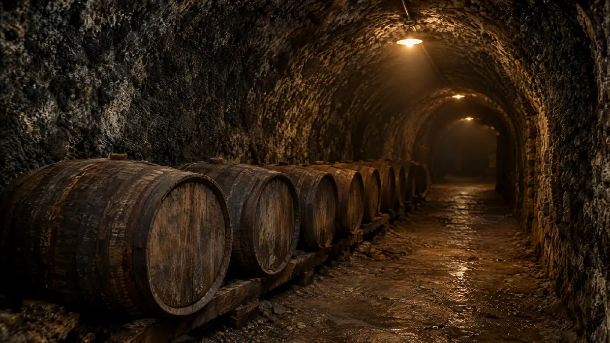 A low vaulted stone cellar with walls covered in dark mould and a row of small old wine barrels