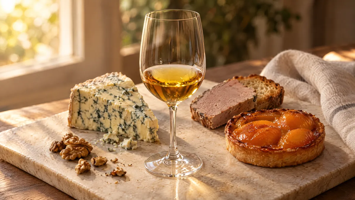 A small glass of amber Tokaji Aszú with blue cheese, pâté on toast and an apricot tart on a stone board