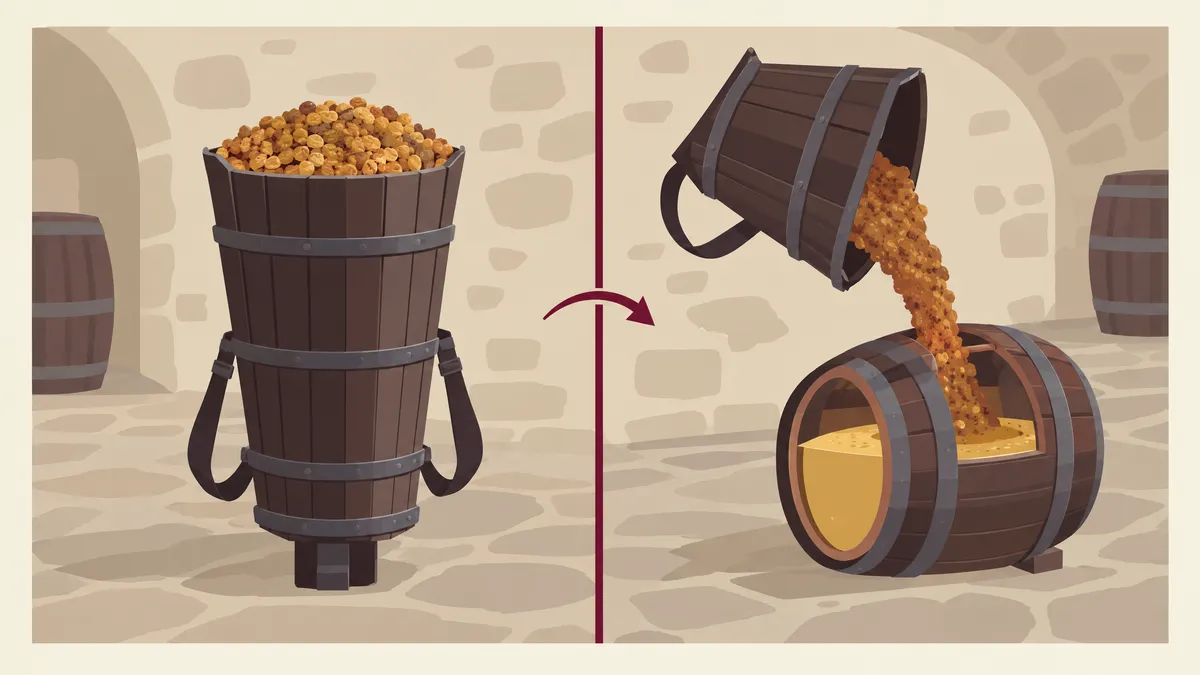 Illustration of a wooden harvest hod full of shrivelled grapes tipping its mashed berries into a small barrel of golden juice