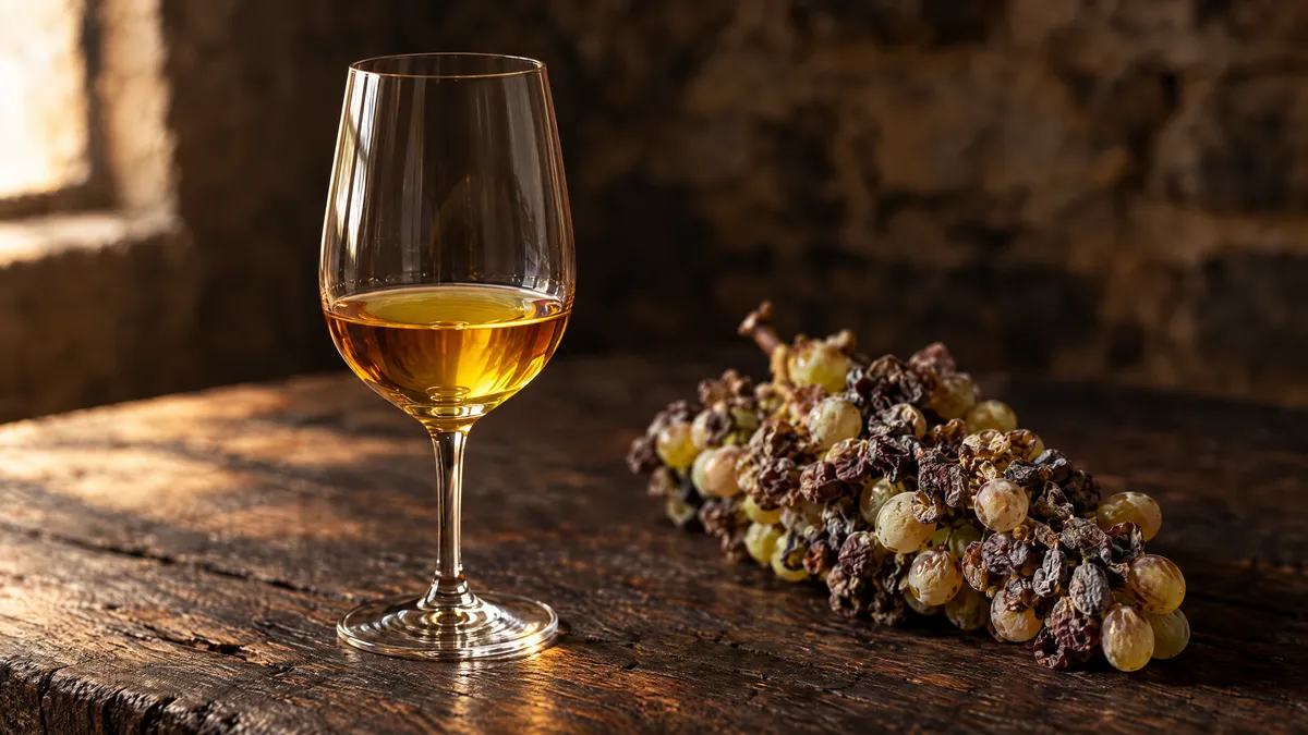 A small glass of golden-amber Tokaji Aszú on a dark oak table beside a bunch of white grapes shrivelled by noble rot