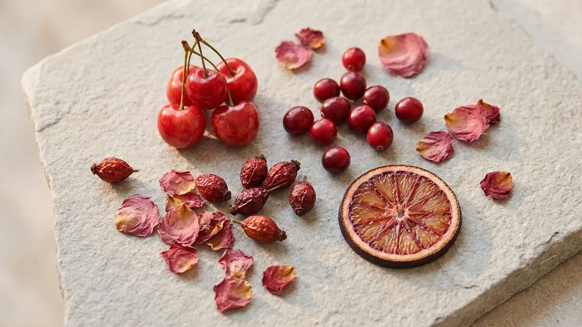 A flat-lay of Trousseau tasting cues: red cherries, cranberries, rosehips, and a slice of blood orange on a pale stone board