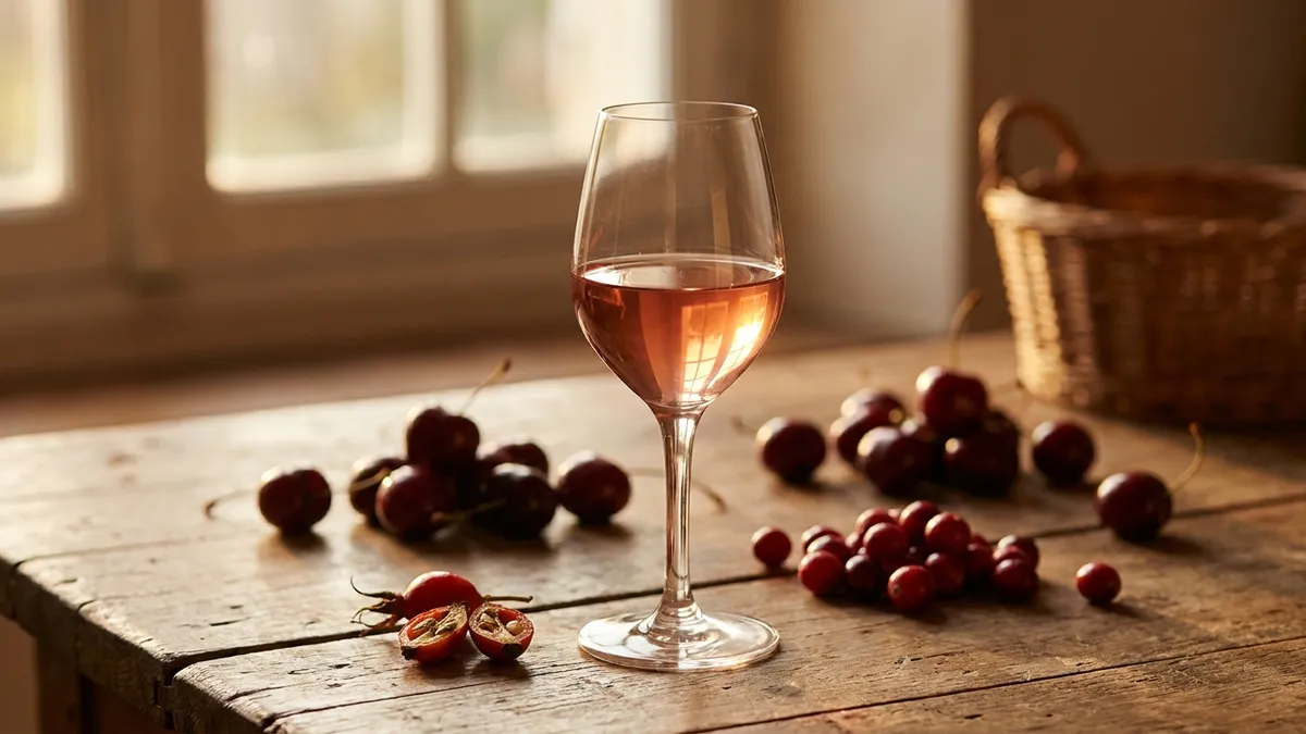 A pale ruby glass of Trousseau beside red cherries, cranberries, and rosehips on a rustic wooden surface
