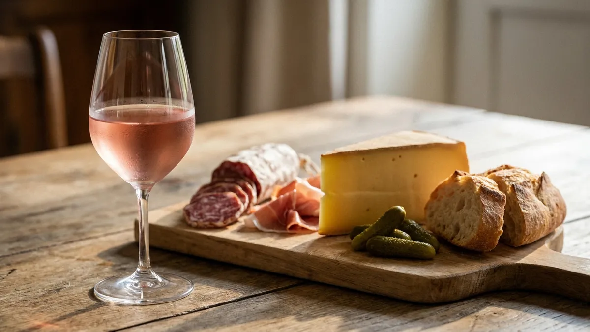 A rustic table with charcuterie, Comté cheese, and a chilled glass of pale Trousseau