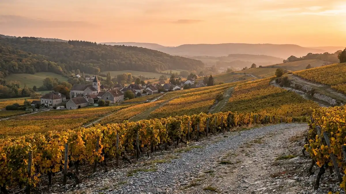 Gravel-soil vineyard slopes of the Jura region near Arbois under soft golden autumn light