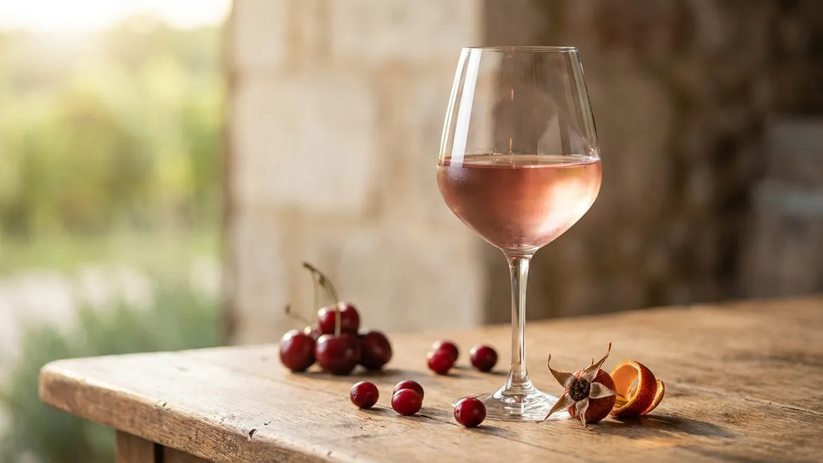 A glass of pale ruby Trousseau wine on a wooden table with red cherries and rosehips in soft focus behind
