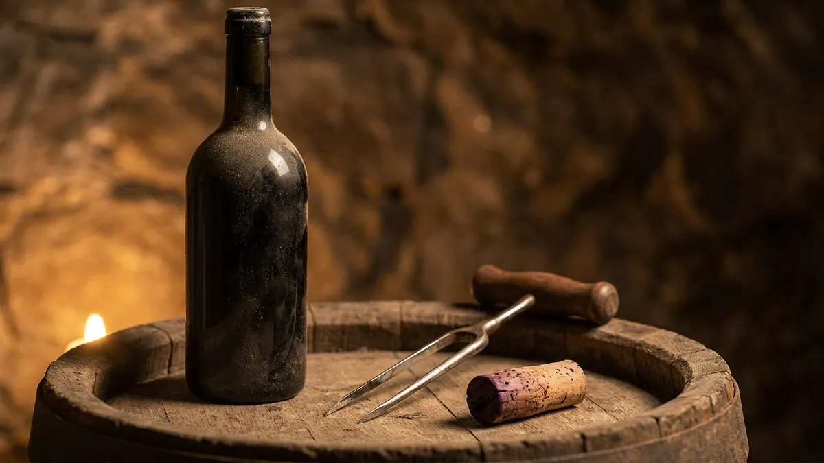 A two-pronged cork puller resting beside an old stained cork and a dusty unlabelled bottle on a barrel head in a stone cellar