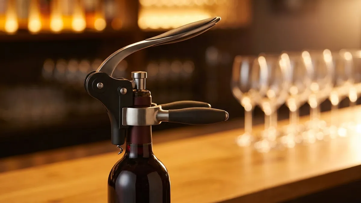 A black lever-style corkscrew clamped around the neck of a dark red wine bottle on a polished bar top, its long lever raised