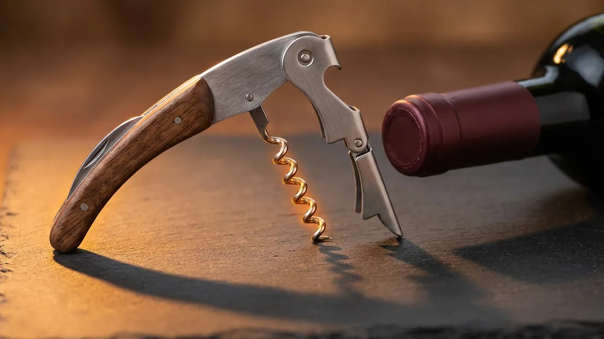 A folding waiter's friend corkscrew lying open on dark slate beside a foil-capped bottle neck, its blade, worm and notched lever all extended