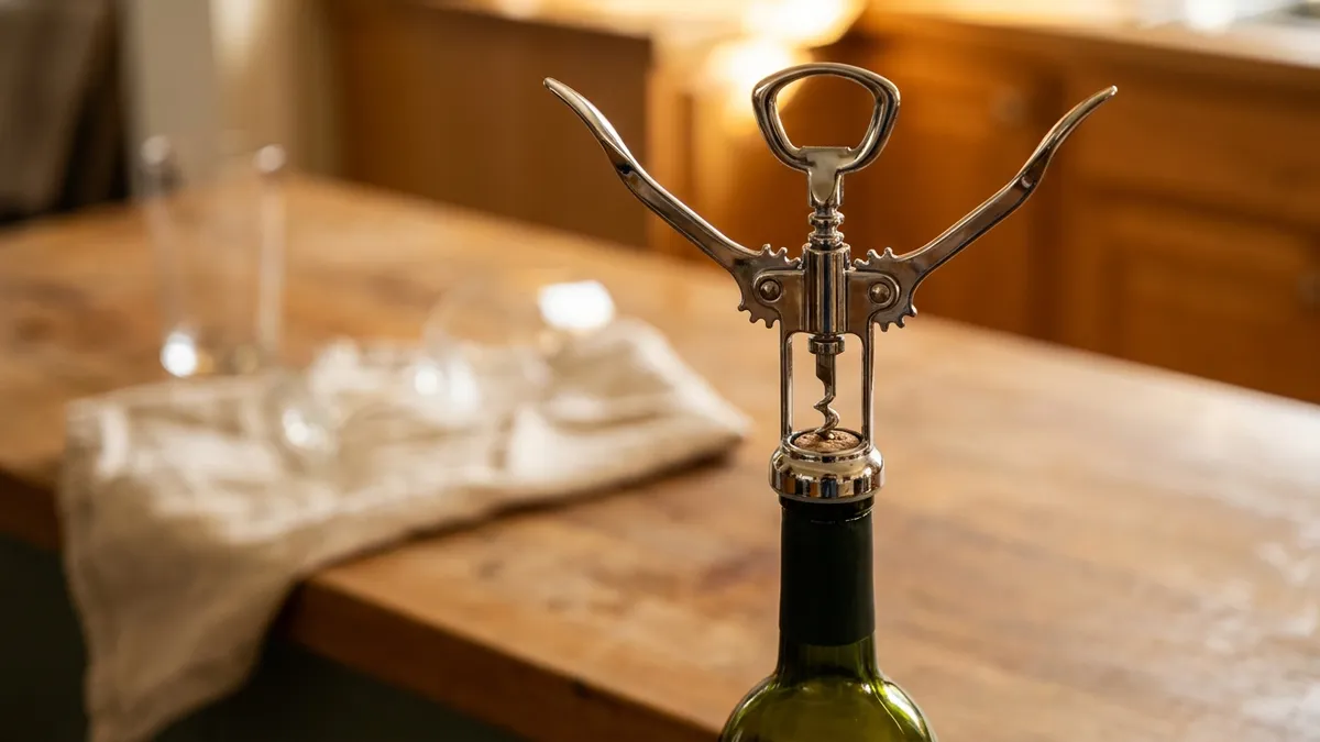A chrome winged corkscrew with both arms raised sitting on top of an unlabelled green wine bottle on a wooden kitchen counter
