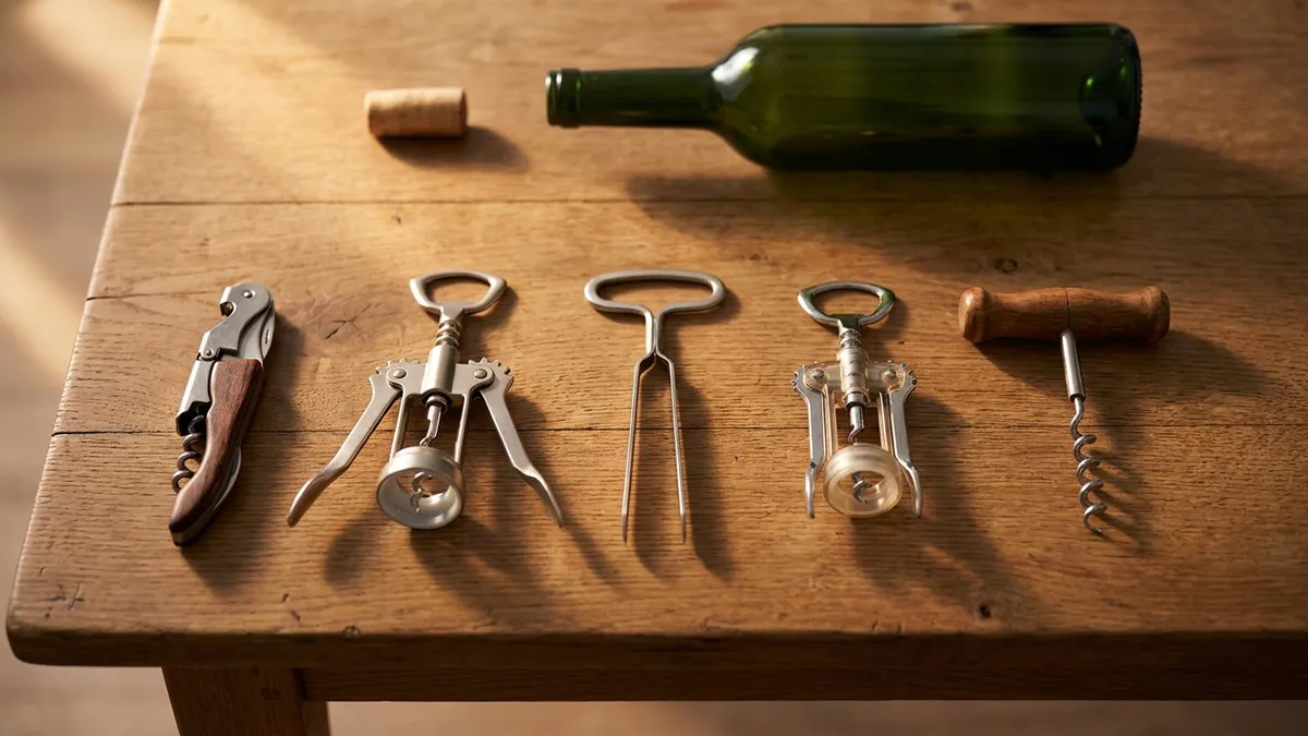 A waiter's friend, two winged corkscrews, a two-pronged cork puller and a T-handle corkscrew laid in a row on an oak table beside a cork and a green bottle