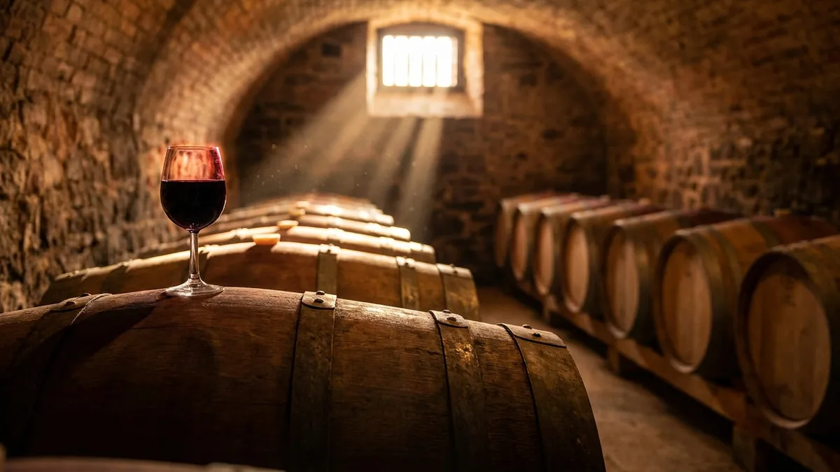 A glass of inky purple-red wine resting on an oak barrel in a vaulted stone cellar lit by a shaft of window light