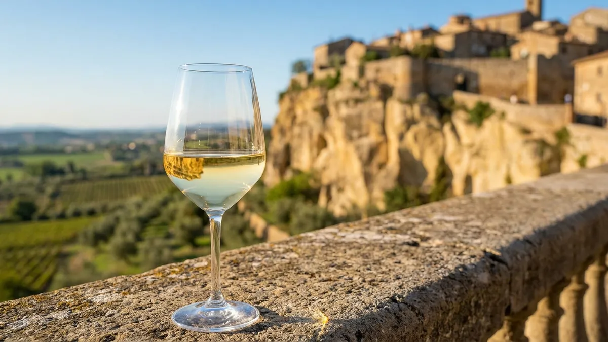 A glass of pale straw-yellow dry white wine on a stone balustrade in front of a golden tuff cliff and hill town