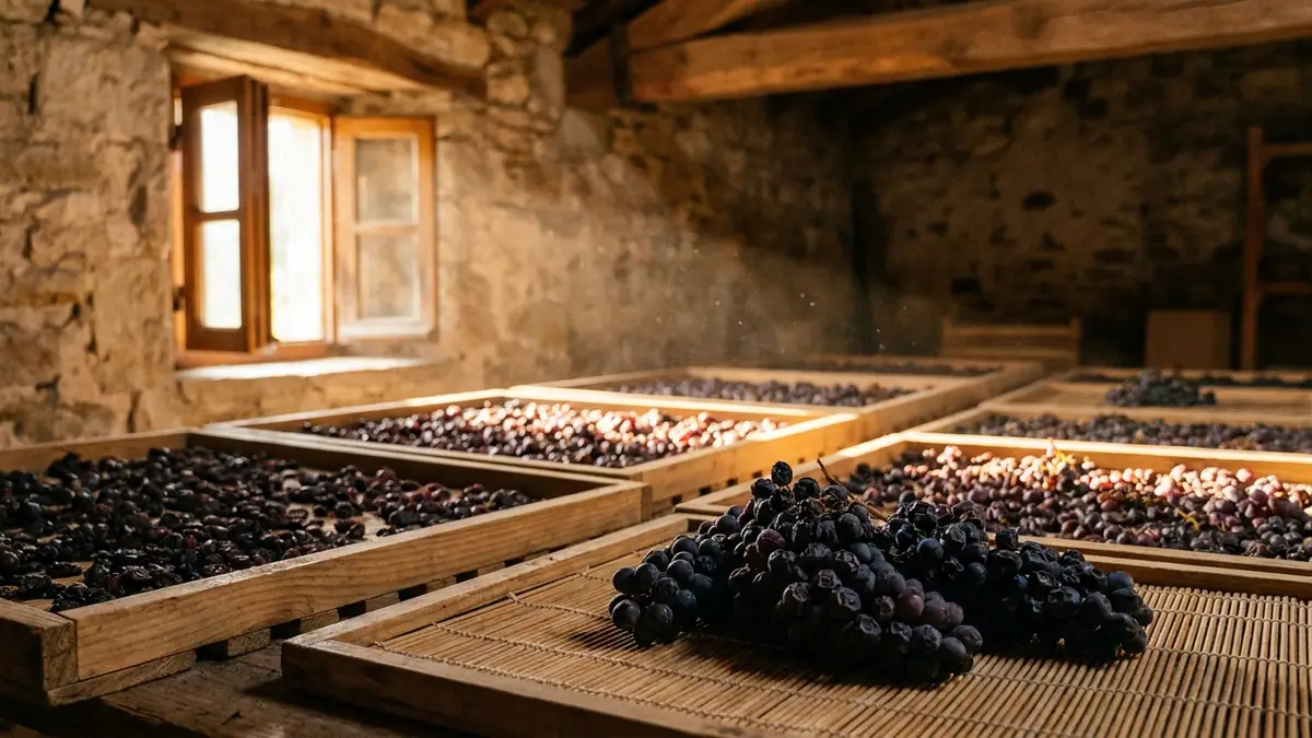 Bunches of dark red grapes drying on wooden trays and cane mats in a rustic loft lit by a soft window beam