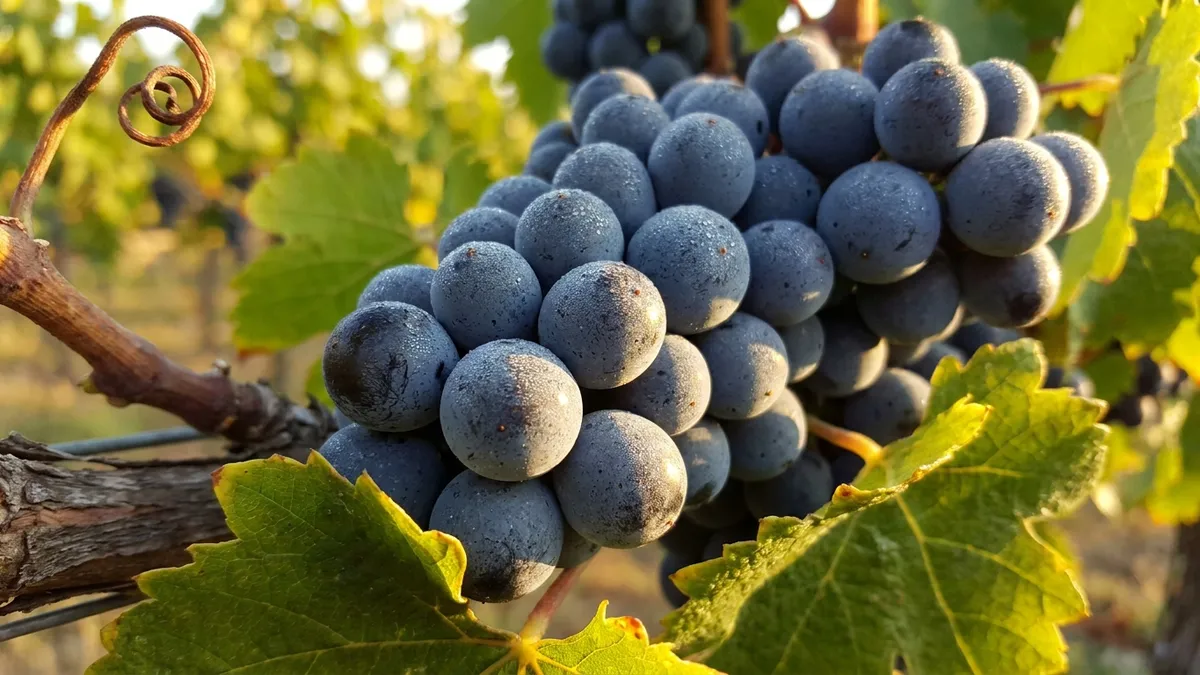 A cluster of very dark, thick-skinned red grapes with a dusty bloom hanging on the vine in warm low sunlight