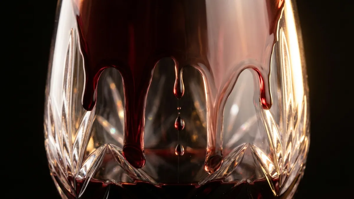 Extreme close-up of red wine being swirled in a crystal glass showing wine legs and tears with dramatic side lighting
