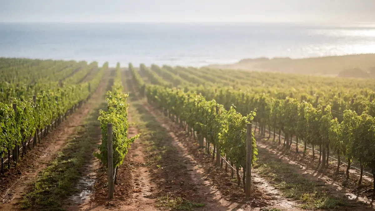 Rolling low vineyards near Uruguay's Atlantic coast under soft maritime light, with rows of vines running toward a hazy sea horizon