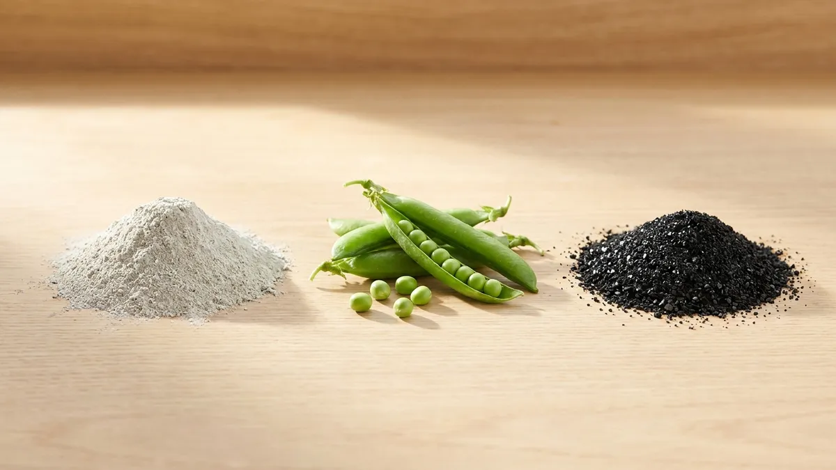 A pale wooden counter with three small heaps of vegan fining materials — grey-white bentonite clay, fresh green pea pods, and glossy black activated charcoal — in warm daylight