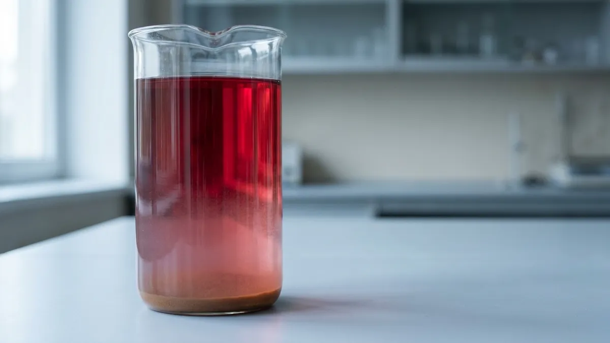 A cloudy, unfiltered young wine in a beaker slowly clearing to bright ruby as sediment settles at the bottom, lit by soft window light