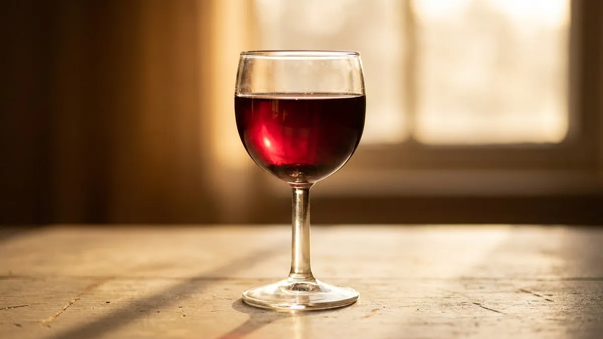 A glass of deep ruby unfined red wine with a faint natural haze and a whisper of fine sediment near the base, backlit by soft warm light