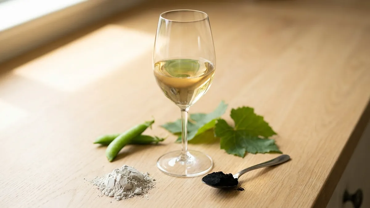 A glass of wine on a pale counter surrounded by plant and mineral fining ingredients — grey clay, fresh pea pods, and black activated charcoal — in soft daylight