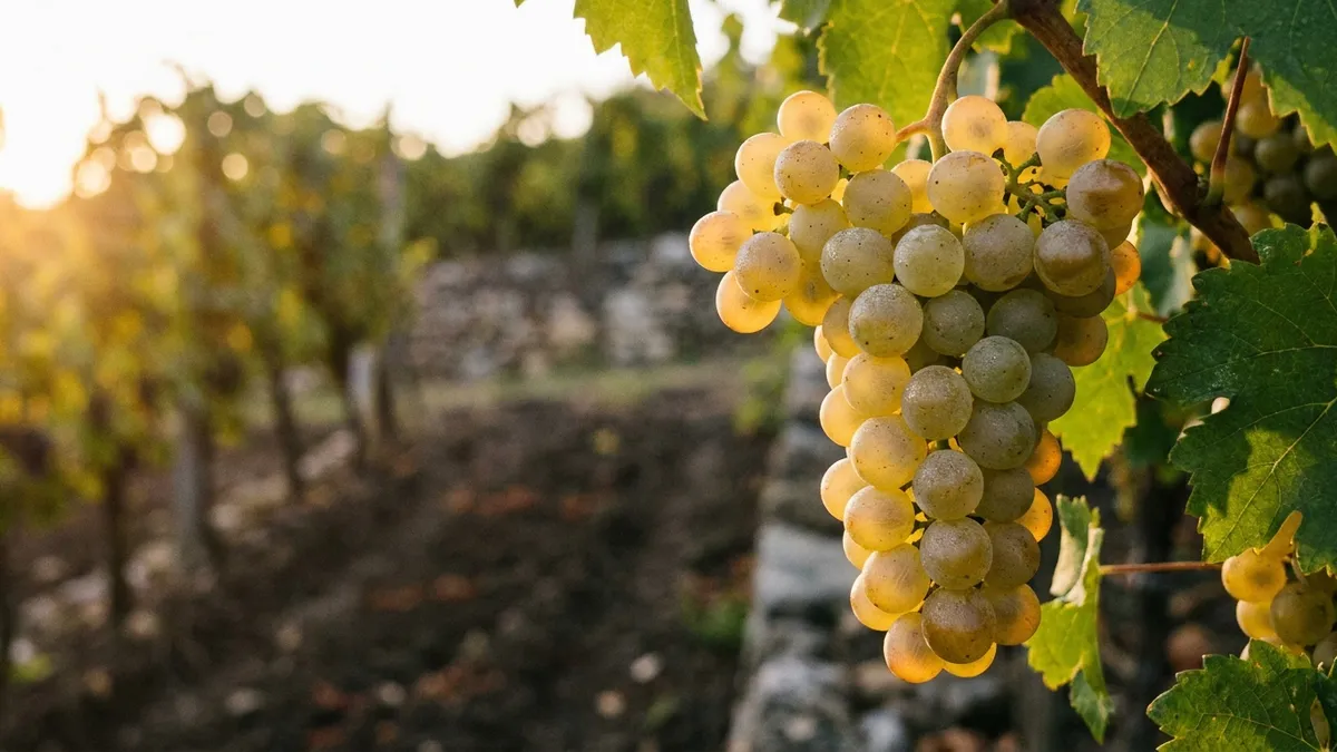 A bunch of pale golden Garganega grapes on the vine in a Soave hillside vineyard, volcanic soil and terraced rows behind in soft light