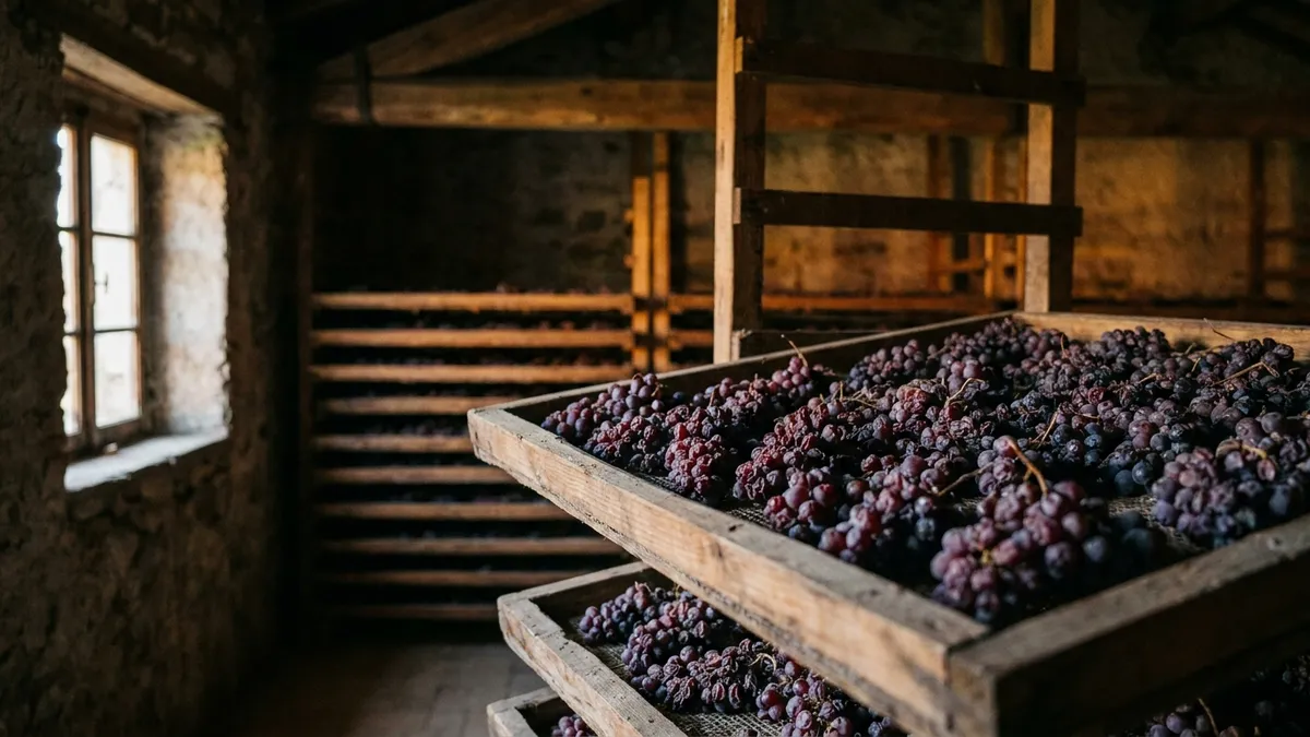 Wooden racks of red Corvina grapes drying in a cool, dim Veneto loft for appassimento, bunches shrivelling toward raisins in soft window light
