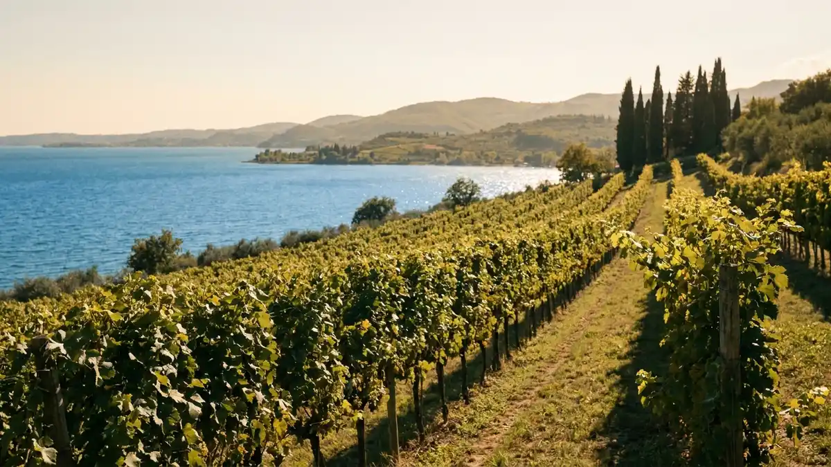 Sunlit vineyard rows sloping toward the blue water of Lake Garda in the Veneto, low hills and cypress trees in the warm afternoon light