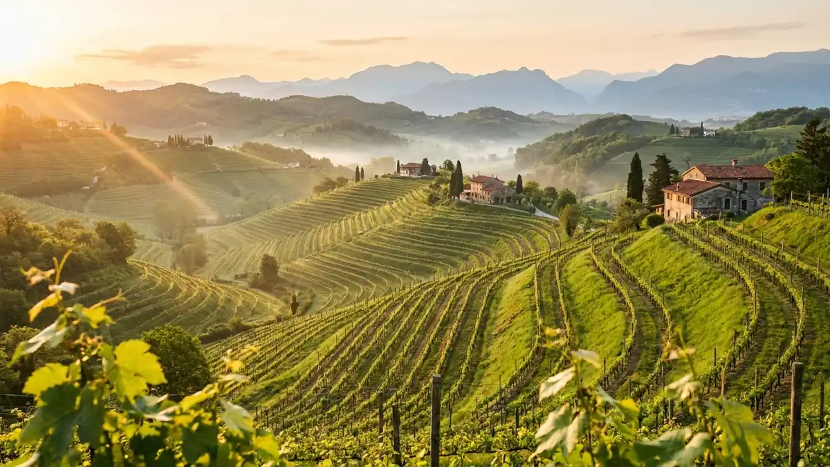 Terraced Prosecco vineyards on steep hills near Conegliano in the Veneto, neat green rows under soft morning light with the Dolomites faint in the distance
