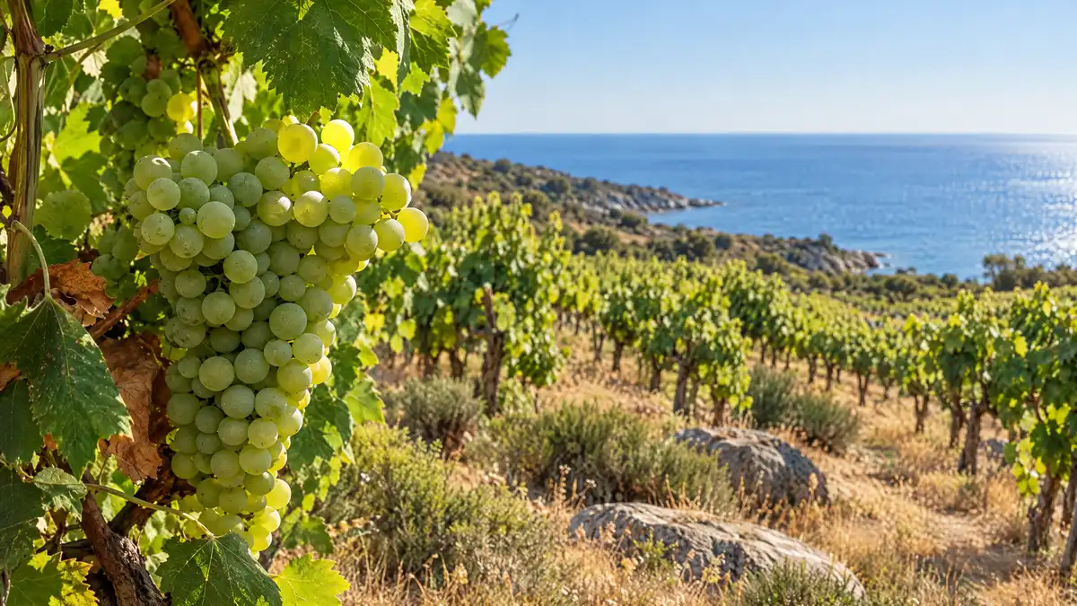 Low-trained vines with pale green white grape clusters on a coastal hillside above a calm blue sea