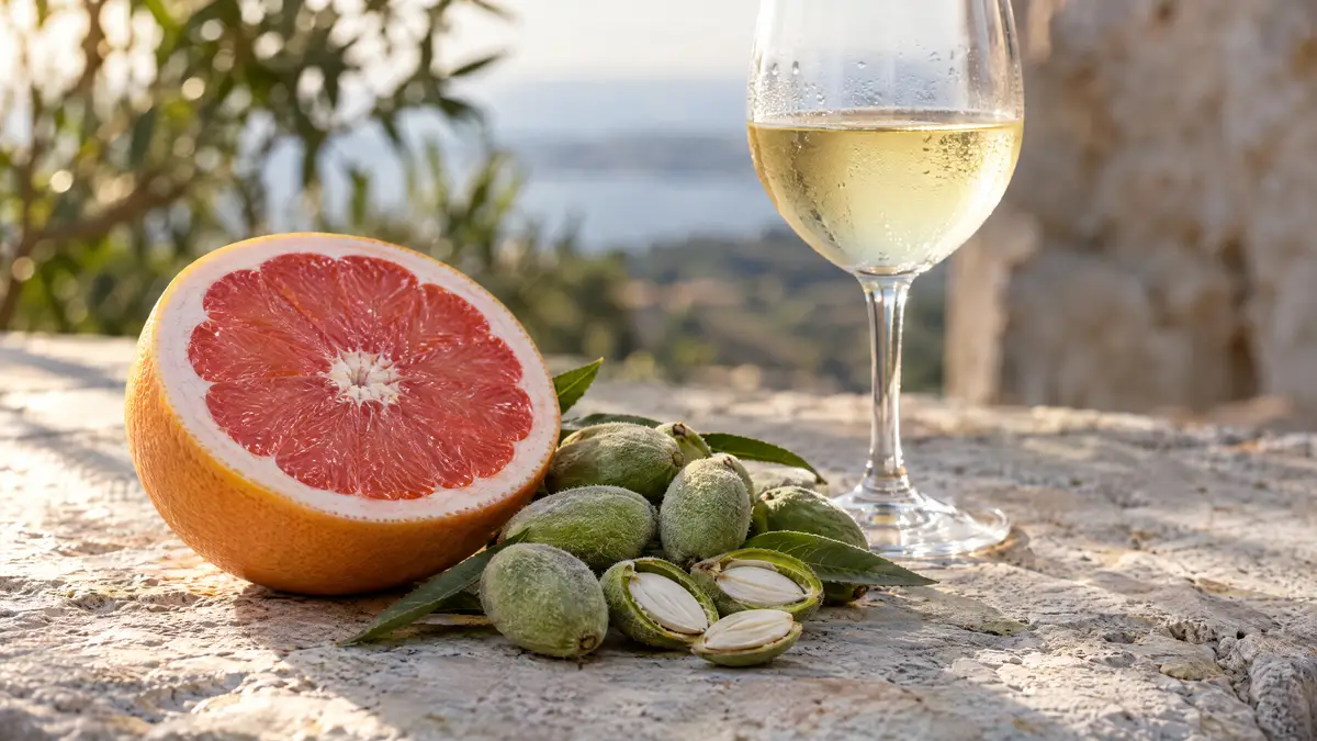 A halved pink grapefruit with its white pith and a pile of fresh green almonds, some split open, beside a glass of pale white wine