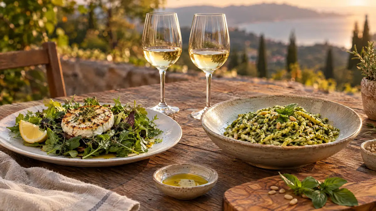 A green salad topped with warm grilled goat cheese and a bowl of pesto pasta, with two glasses of pale white wine between them