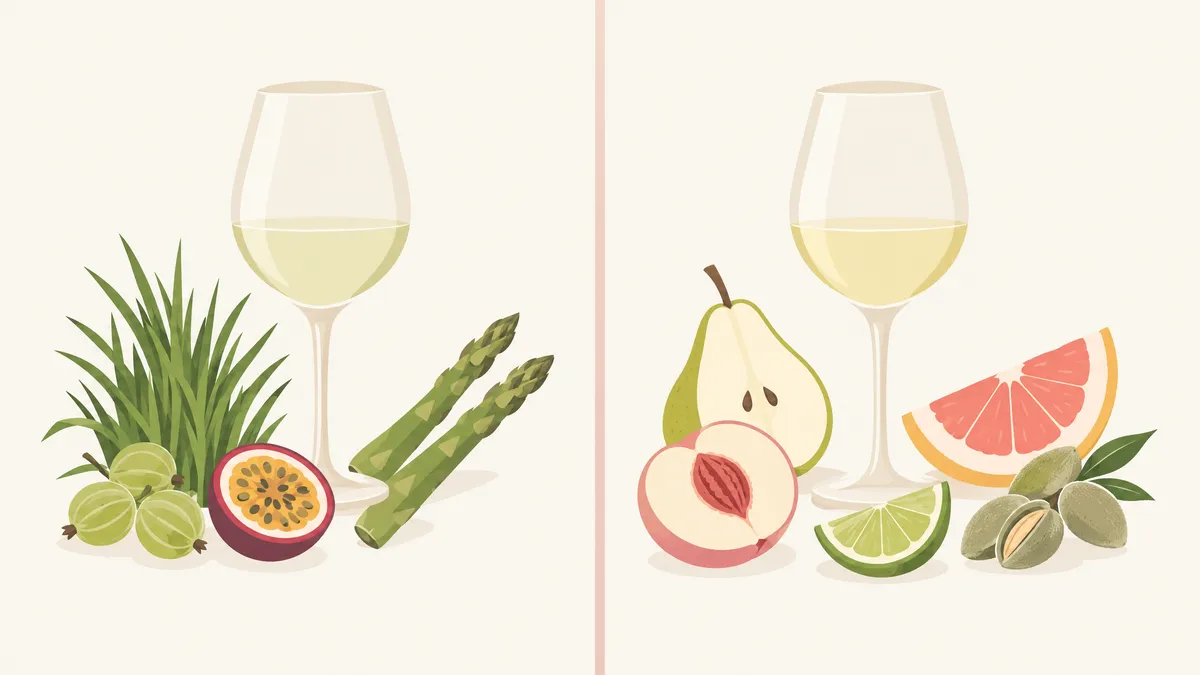 Side-by-side illustration of two glasses of pale white wine, one with cut grass, gooseberries, passion fruit and asparagus, the other with pear, white peach, lime, pink grapefruit and green almonds