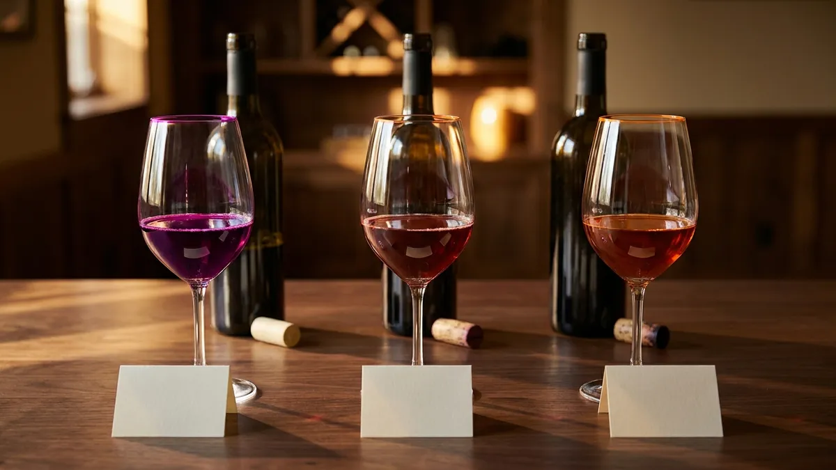 Three wine glasses in a row showing the same wine from three different vintages, color deepening left to right