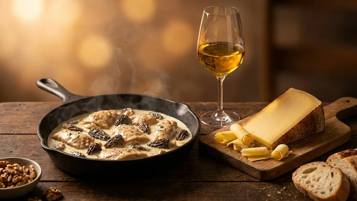 Chicken in a cream sauce with morel mushrooms beside a wedge of aged mountain cheese and a glass of golden wine