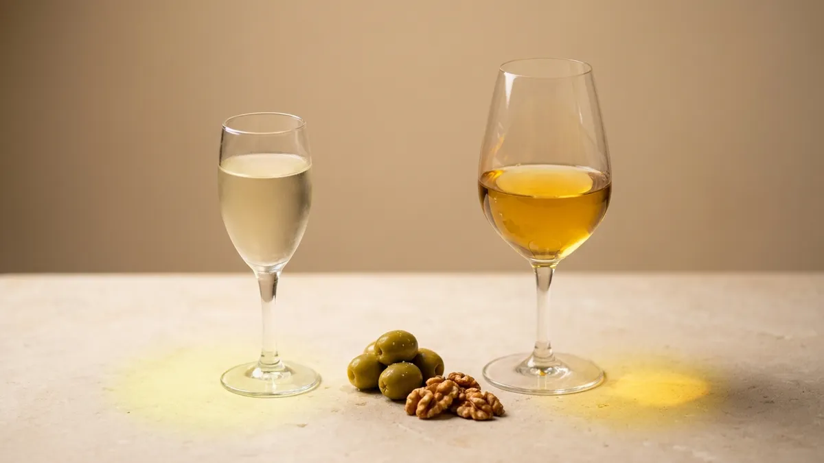 A pale copita of fino beside a deeper golden tulip glass of vin jaune on limestone, with olives and walnuts between them